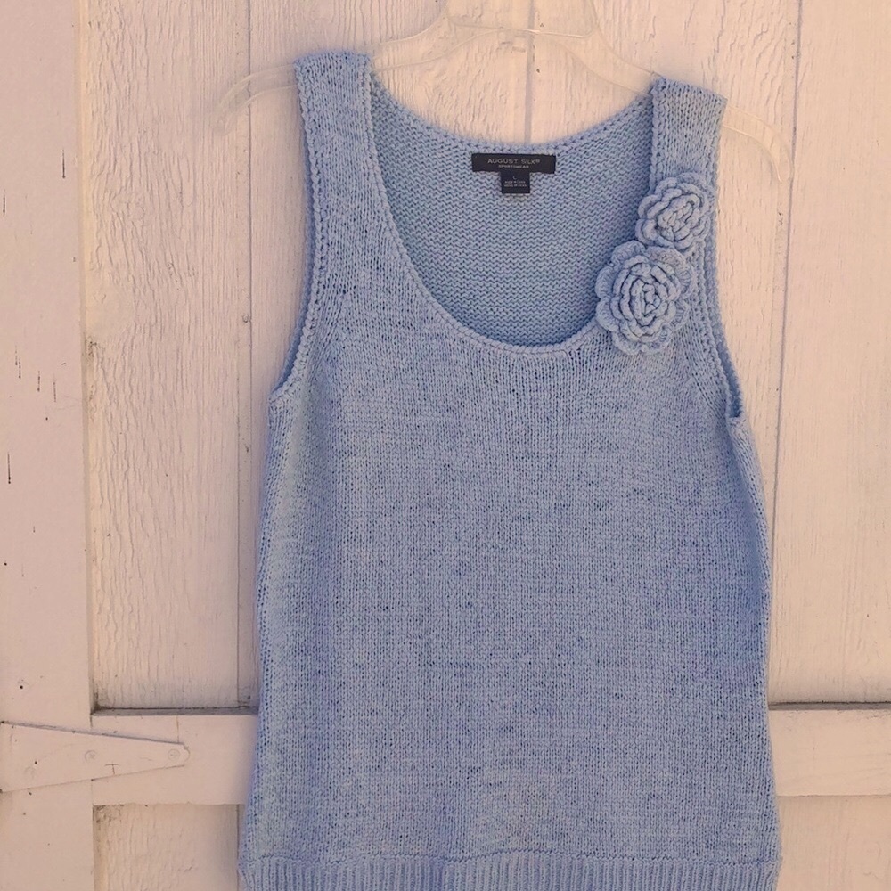 August Silk knit sleeveless powder blue top size L with round neck.Spring summer